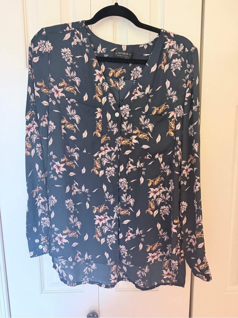 Cotton On Navy Floral Button-Front Blouse with Pink & Cream Accents